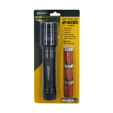 "DORCY 2400 LUMEN TWIST TORCH SPOT TO FLOOD BEAM TWIST FOCUS, WATER RESISTANT, ANODIZED ALUMINIUM, HIGH,MED,LOW,STROBE FUNCTIONS, 350M BEAM DISTANCE, BATTERIES INCLUDED"