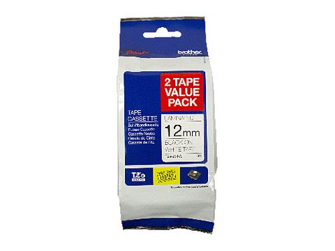 TZE231V2 BROTHER 12MM BLACK TEXT ON WHITE TAPE TWIN PACK - 8 METRES