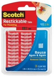 SCOTCH RESTICKABLE TABS FOR MOUNTING 25.4X25MM - 18 CLEAR REUSABLE TABS