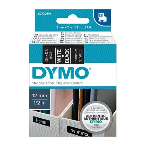 DYMO D1 LABEL CASSETTE 12MMX7M - WHITE ON BLACK