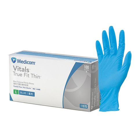 Vitals True Fit Thin - Blue Textured Nitrile Gloves Large - Box 100