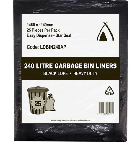 Bin Liner 240Lt Black LDPE 28Um Heavy Duty Roll