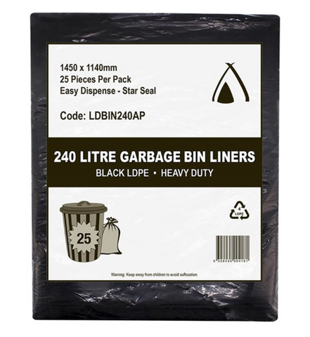 240Lt Flat Pack Black Bin Liner 4X25/Ctn