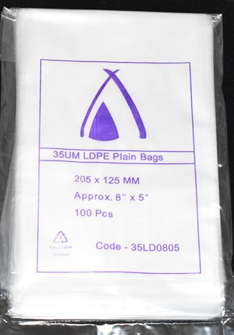 35 Micron Plain Bags 205 X 125 Clear / 100 (10)