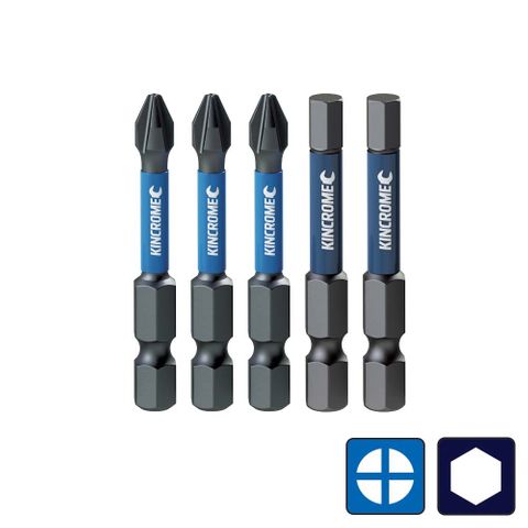 KINCROME PHILLIPS #2 & HEX 5MM IMPACT BIT MIXED PACK - 50MM (5 PK)