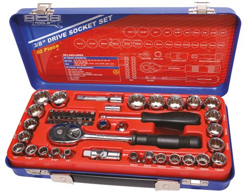 SP TOOLS 3/8" DRIVE SOCKET SET - 50 PCE - 12PT METRIC / SAE