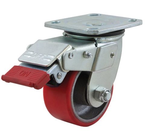 RICHMOND 100MM POLYURETHANE TYRED CAST IRON CENTRED WHEEL 250KG CAPACITY CASTOR SWIVEL WITH LOCK & BRAKE (S4400SLB)