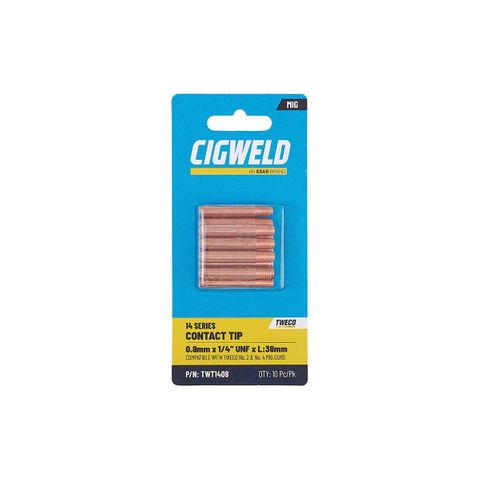 CIGWELD TWECO 14 SERIES CONTACT TIP 0.8MM X 1/4"UNF X L:38MM - 10PK