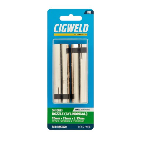 CIGWELD BINZEL 36 SERIES NOZZLE (CYLINDRICAL) 20MM X 25MM X L:93MM 2PK