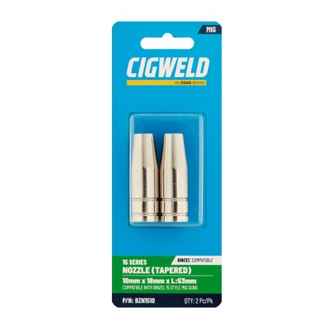 CIGWELD BINZEL 15 SERIES NOZZLE (TAPERED) 10MM X 18MM X L:53MM 2PK