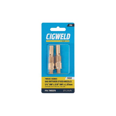 CIGWELD TWECO 2 SERIES GAS DIFFUSER (FIXED NOZZLE) 1/4" UNF X 3/8" UNF X L:57MM 2PK