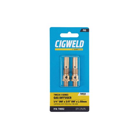 CIGWELD TWECO 2 SERIES GAS DIFFUSER 1/4" UNF X 3/8" UNF X L:50MM 2PK