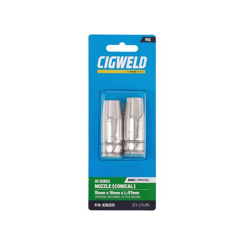 CIGWELD BINZEL 25 SERIES NOZZLE (CONICAL) 15MM X 18MM X L:57MM 2PK