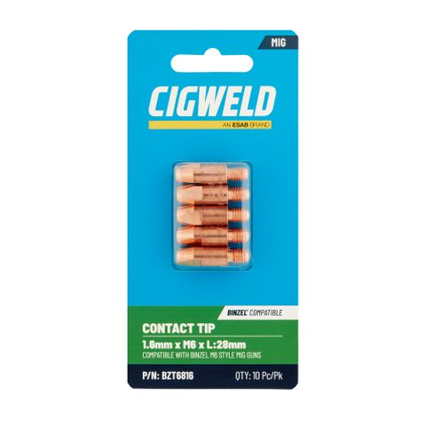 CIGWELD BINZEL CONTACT TIP 1.6MM X M6 X L:28MM 10PK