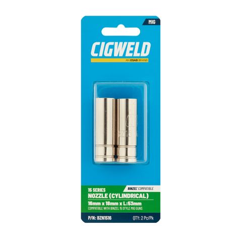 CIGWELD BINZEL 15 SERIES NOZZLE (CYLINDRICAL) 16MM X 18MM X L:53MM 2PK