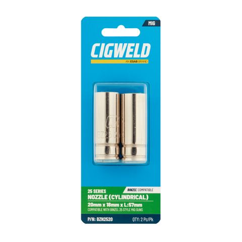 CIGWELD BINZEL 25 SERIES NOZZLE (CYLINDRICAL) 20MM X 18MM X L:57MM 2PK