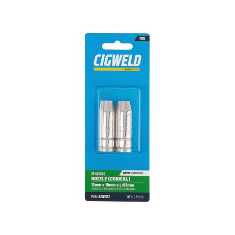 CIGWELD BINZEL 15 SERIES NOZZLE (CONICAL) 12MM X 18MM X L:53MM 2PK