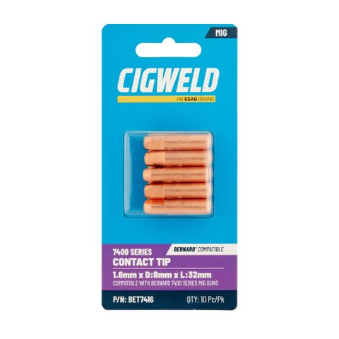 CIGWELD BERNARD 7400 SERIES CONTACT TIP 1.6MM X D:8MM X L:32MM 10PK