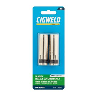 CIGWELD BINZEL 24 SERIES NOZZLE (CYLINDRICAL) 13MM X 18MM X L:64MM 2PK