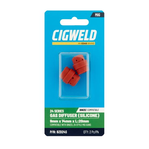 CIGWELD BINZEL 24 SERIES GAS DIFFUSER (SILICONE) 9MM X 14MM X L:20MM 2PK