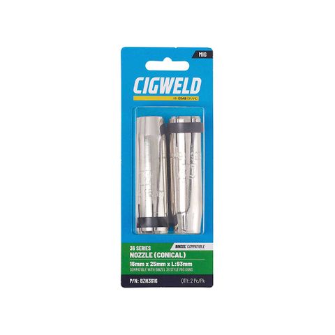 CIGWELD BINZEL 36 SERIES NOZZLE (CONICAL) 16MM X 25MM X L:93MM 2PK