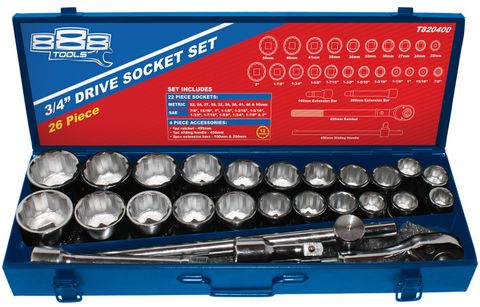 888 3/4" DRIVE SOCKET SET - 26PCE - 12PT METRIC / SAE