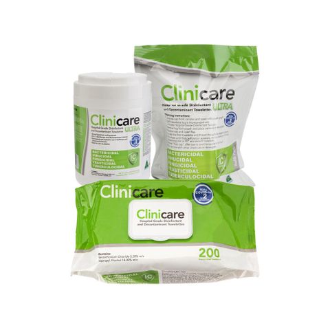 CLINICARE HOSPITAL GRADE DISINFECTANT FLAT PACK (200 WIPES)
