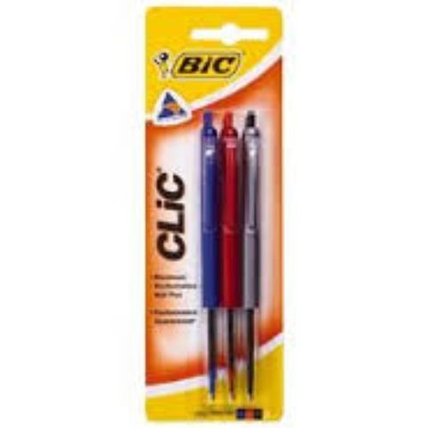 BIC CLIC BALLPOINT PENS BLACK/RED/BLUE BL/3