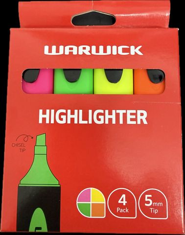 WARWICK HIGHLIGHTER STUBBY ASS PACK/4