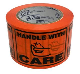 SP500 Handle With Care Label Tape BL/OR 75mm x 50m