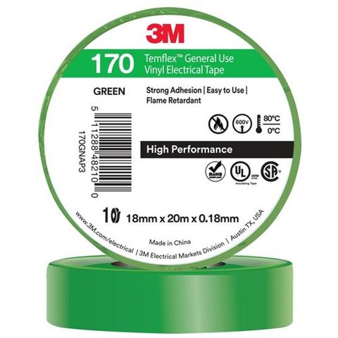 3M TEMFLEX 170 VINYL ELECTRICAL TAPE 18MM X 20M  - GREEN