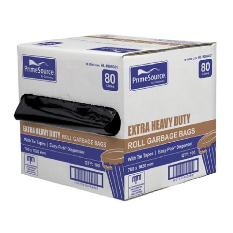 PRIMESOURCE BLACK 80L GARBAGE BAG ROLL 780X1020 100/PACK