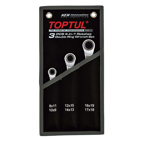 TOPTUL 3PC 4-IN-1 DOUBLE RATCHET RING SPANNER SET 8-19MM