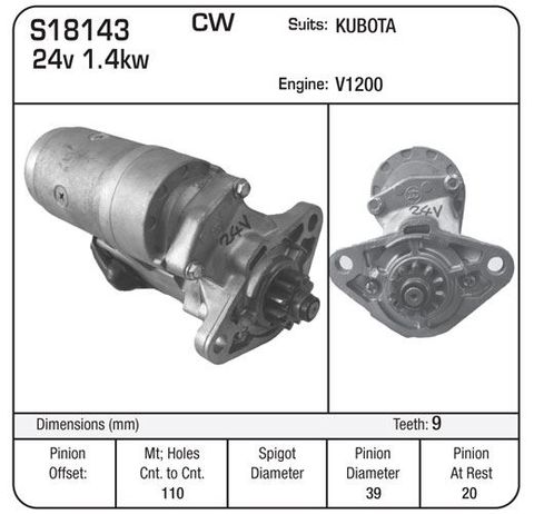 STARTER KUBOTA 24V 9 TOOTH 1.4 KW