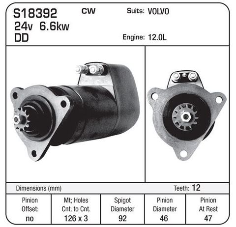 STR VOLVO 24V 12T 6.6KW CO-AXIAL or Use S7903 Mitsi Version