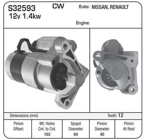 STARTER 12V 12TH SUIT RENAULT DIESEL ENGINE