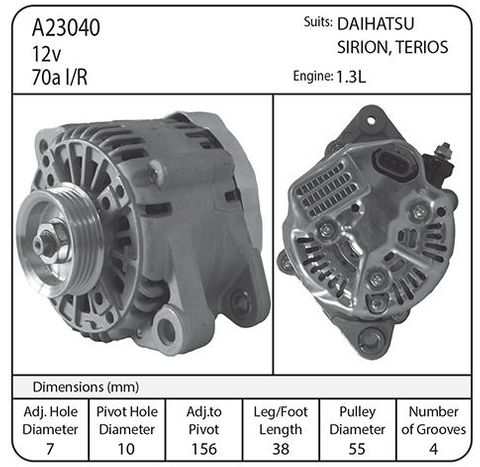 ALT N/D 12V 70AMP I/R SUIT DAIHATSU TOYOTA PASSO