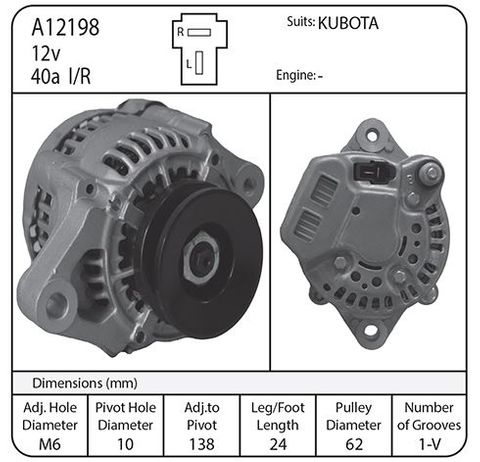 ALTERNATOR KUBOTA 12V 40A T PLUG