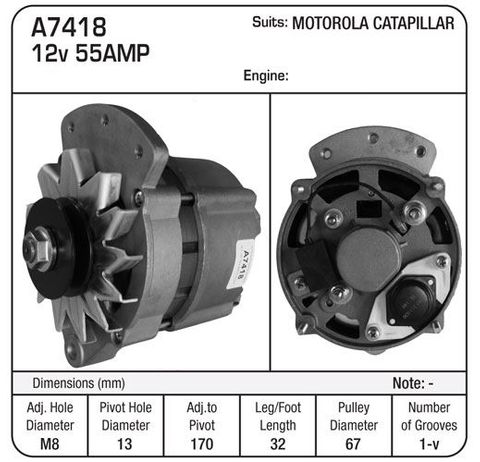 ALT 12V 55A MOTOROLA /CAT LEG 28MM