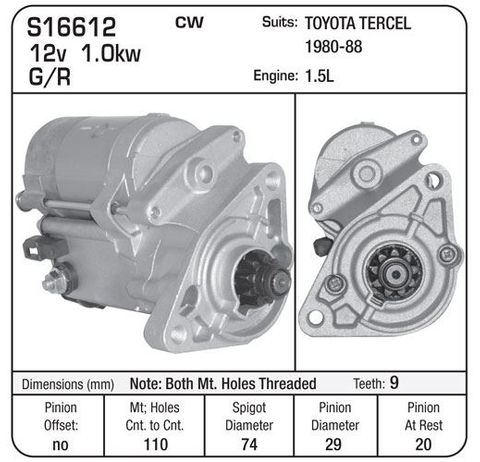TOYOTA TERCEL 1980-88. NOTE: BOTH MOUNTING HOLES THREADED.