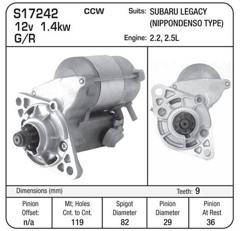 STR- 12V 1.4kw 9th CCW Subaru Legacy, Outback 1990- 2004