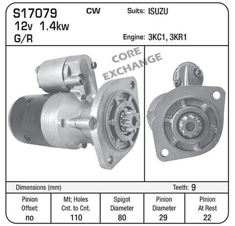 STARTER ISUZU 3KC1 G/R 9TH 29MM