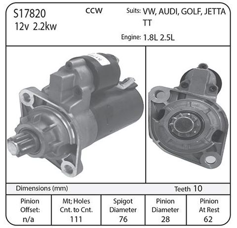 STARTER AUDI TT VW GOLF 10TH CCW 2.2KW