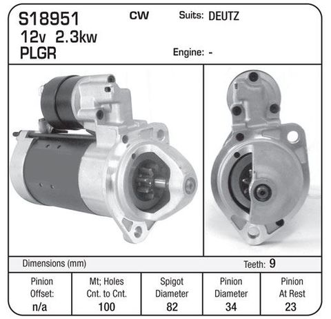 STARTER 12V 2.6KW 9 TOOTH CW - DEUTZ