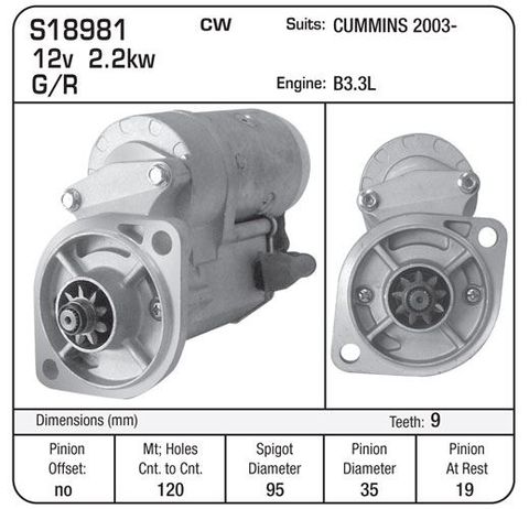 Cummins B3.3L Engine 2003-On 12v 2.2KW 9TH 35MM GEAR