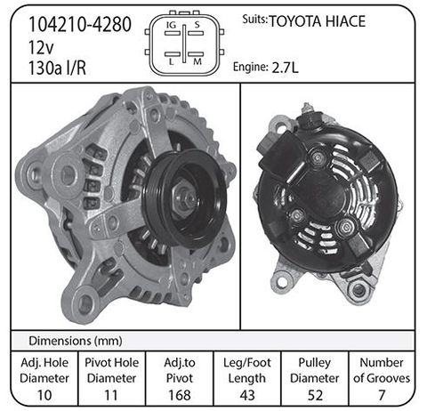 ALT 12V 130AMP TOY HIACE 2.7L S TERMINAL