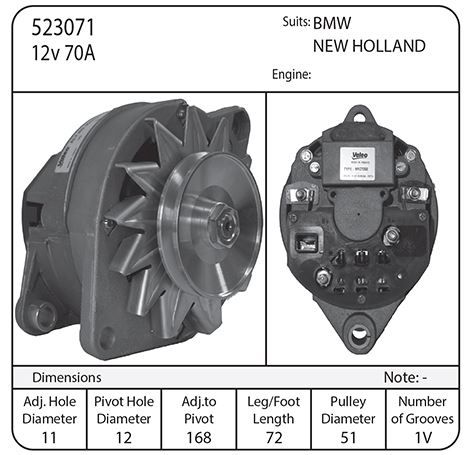 ALT,VALEO 12V 70AMP BMW,NEW HOLLAND