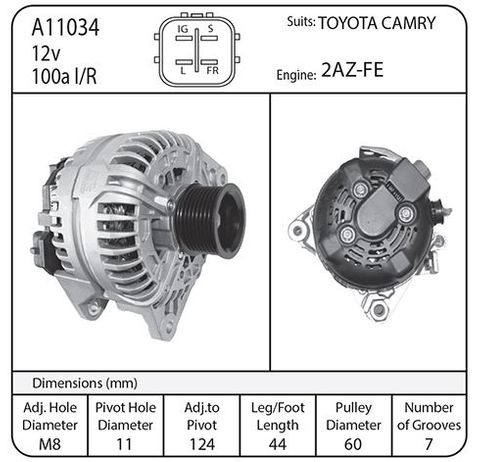 ALT N/D 12V 100AMP 2.4L CAMRY/HIGHLANDER 2004-2007