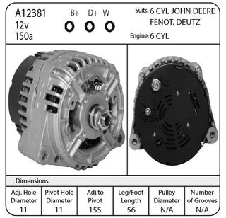 ALT 12V 150AMP SUIT, JOHN DEERE, DEUTZ, FENDT