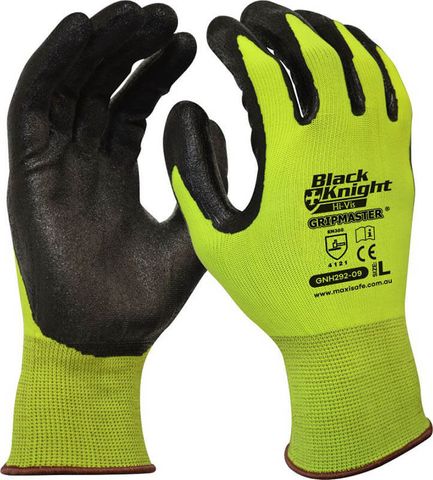 Black Knight Hi-Vis yellow nylon glove, nitrile coated Size 7